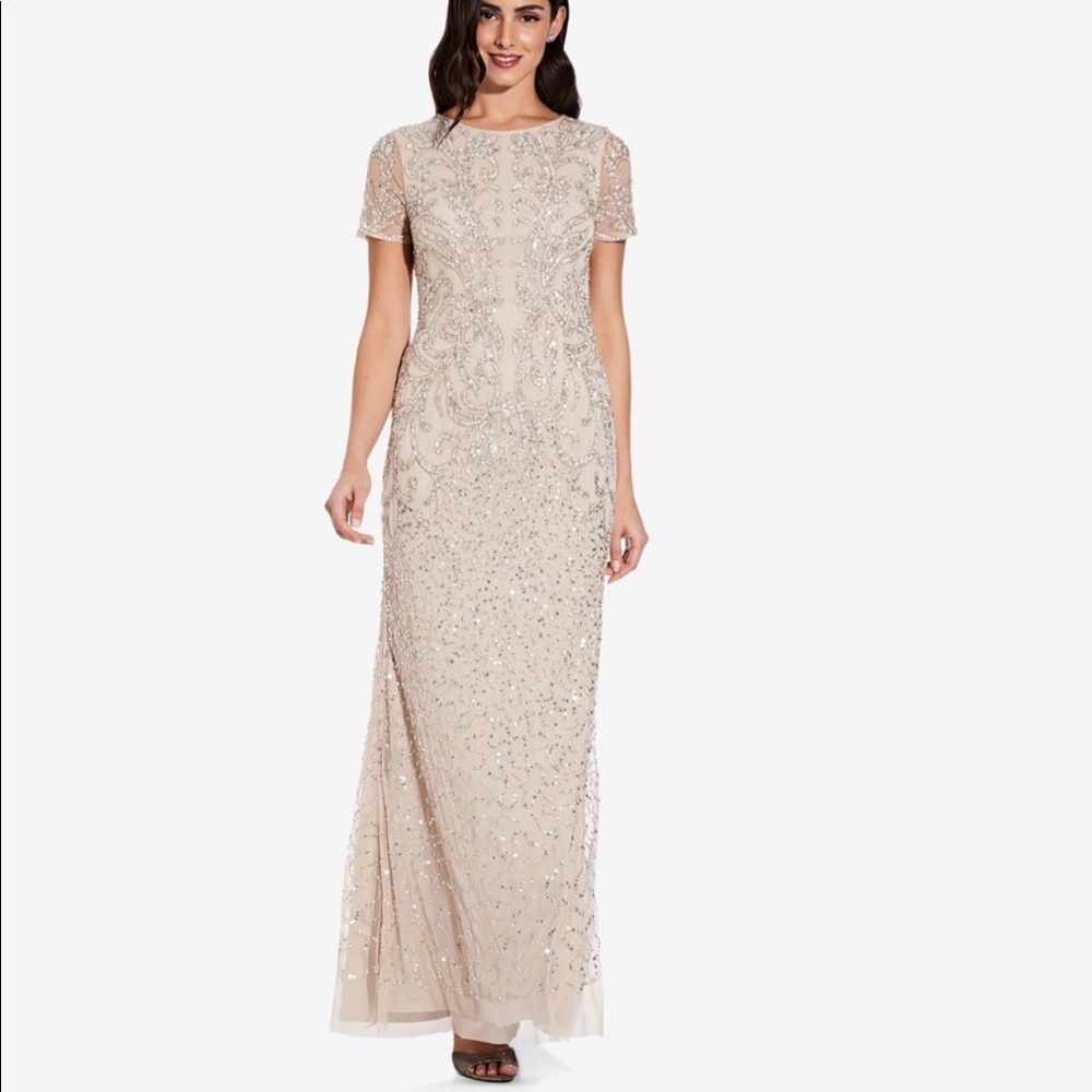 NWT- Adriana Papell Beaded Gown Dress Biscotti